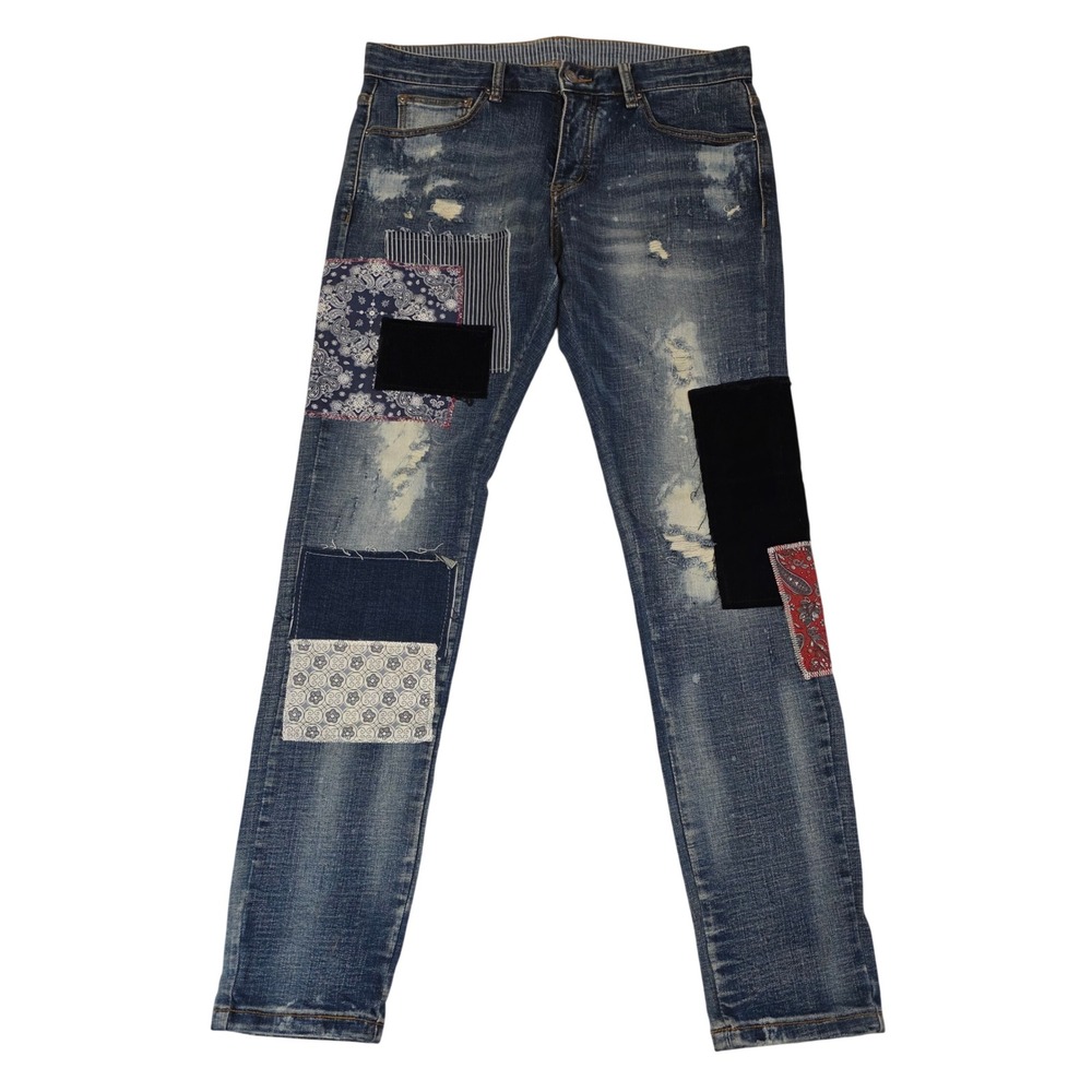 Dope Patchwork Jeans Mens 32 Blue Excellent Distressed Bandana Paisley y2k